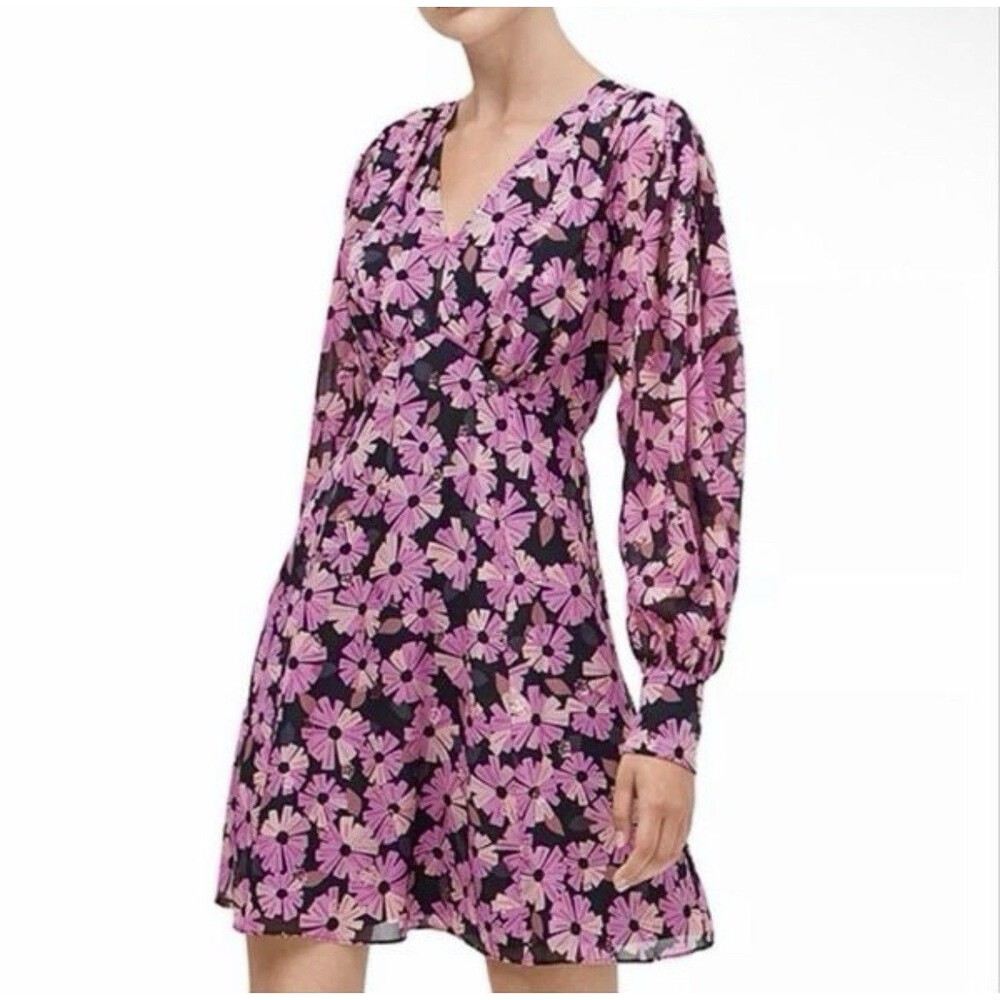 Kate Spade Wallflower Black Pink Floral Silk Mini Dress Womens sz 2 Long Sleeve